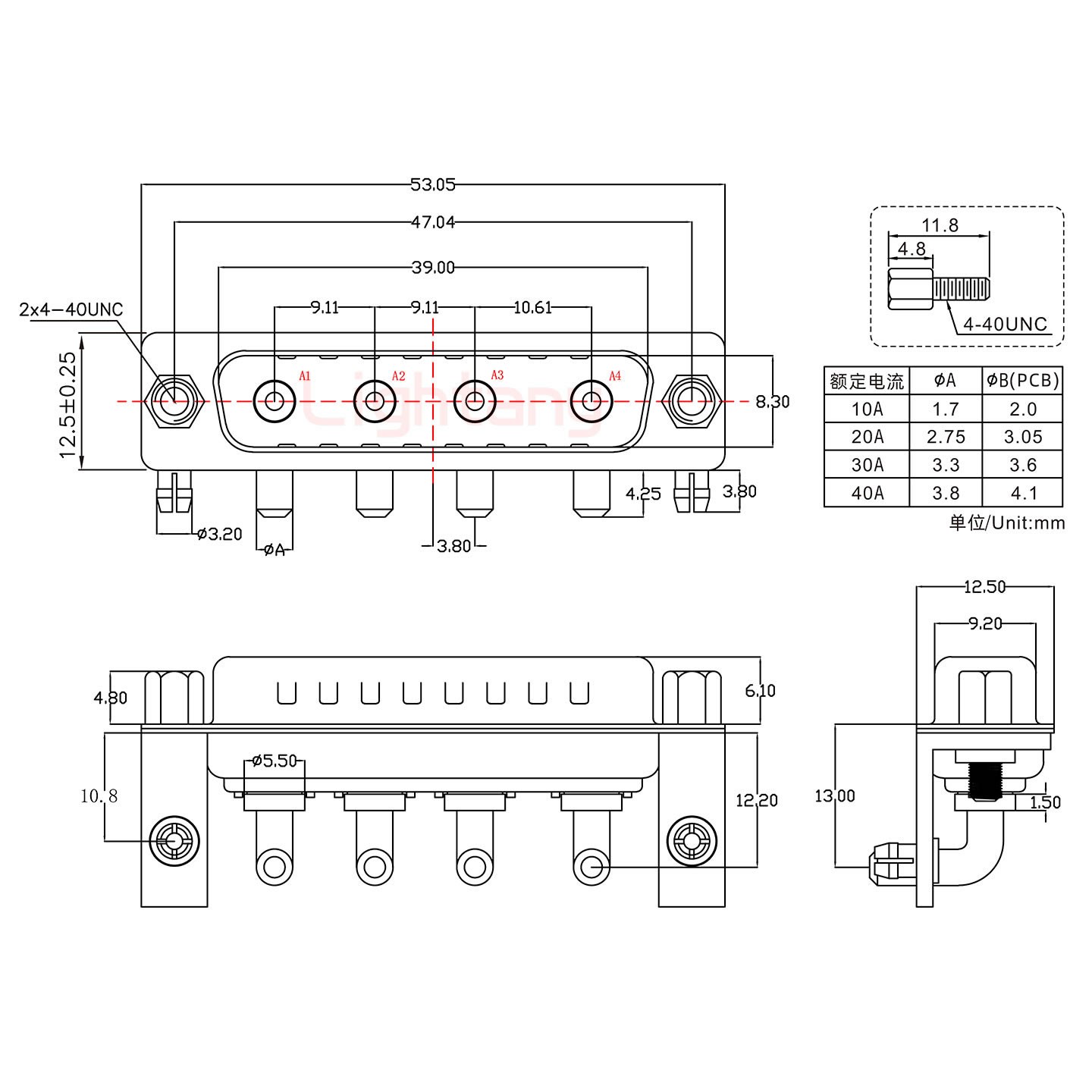 4W4公PCB弯插板/铆支架10.8/大电流40A