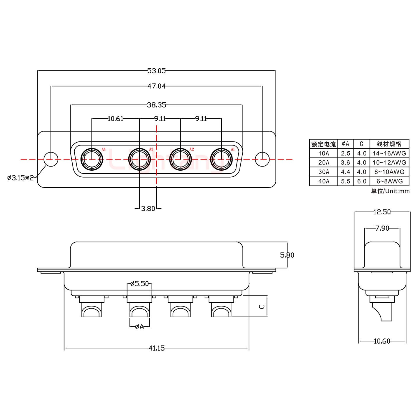 4W4母短体焊线20A+25P金属外壳592斜出线4~12mm