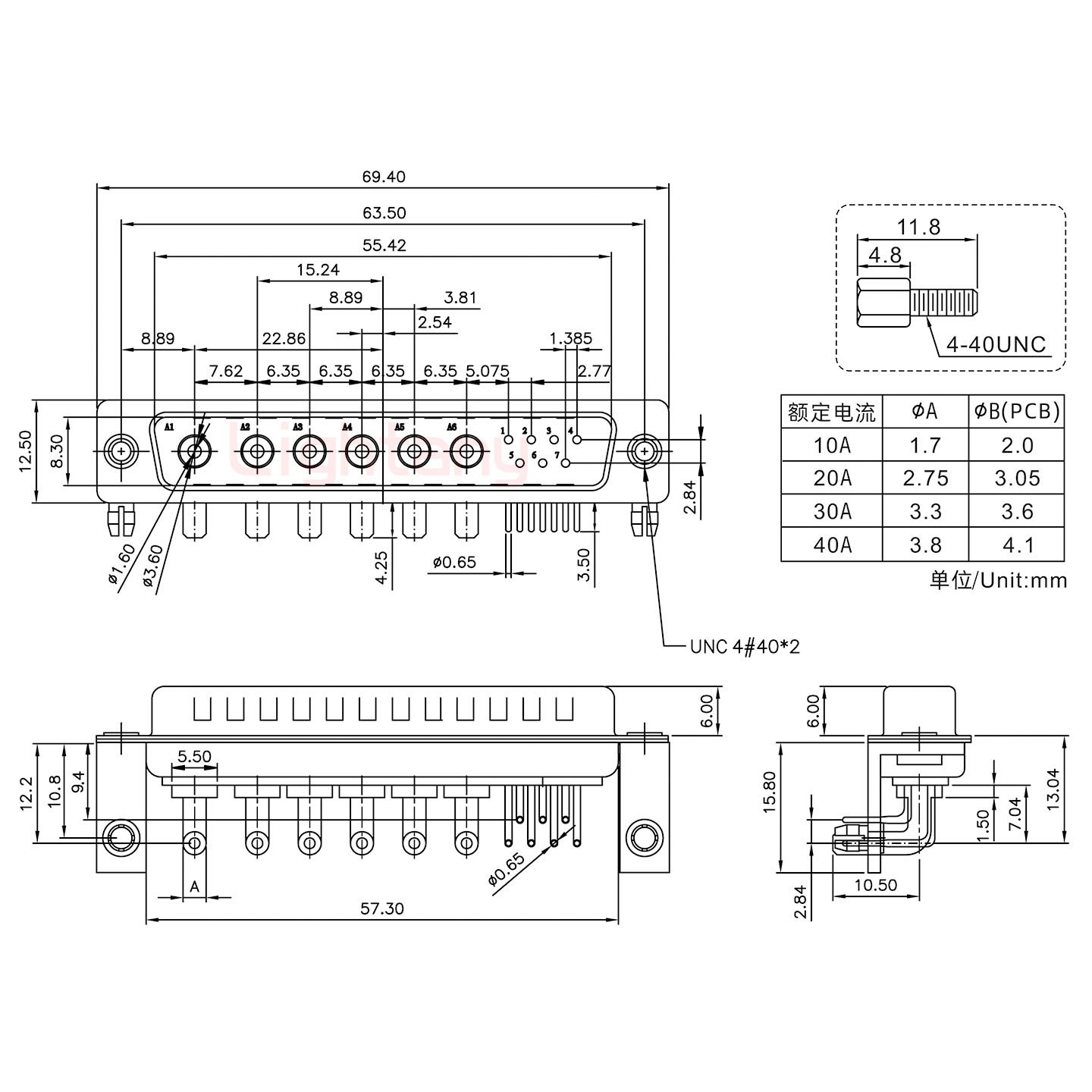 13W6B公PCB弯插板/铆支架10.8/大电流20A