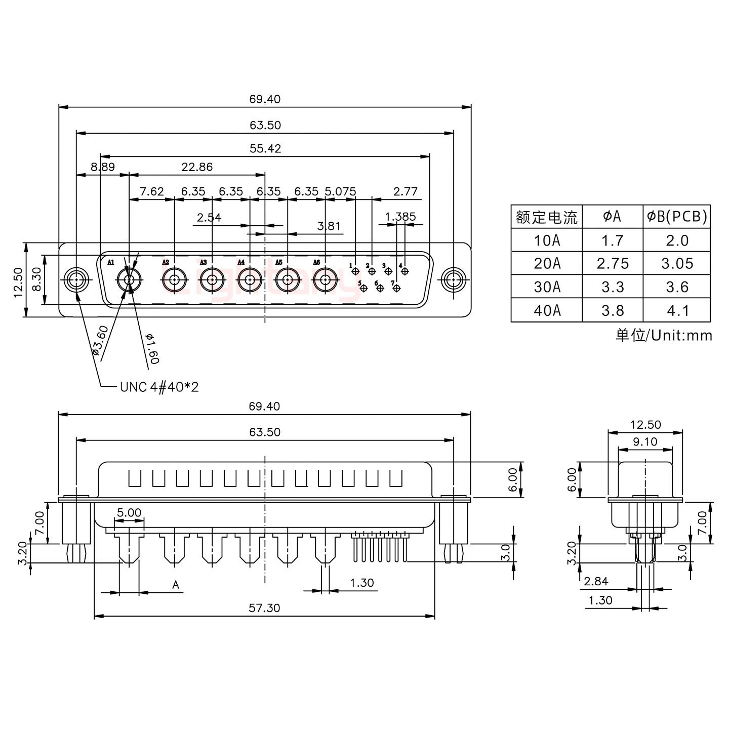 13W6B公PCB直插板/铆支架7.0/大电流10A