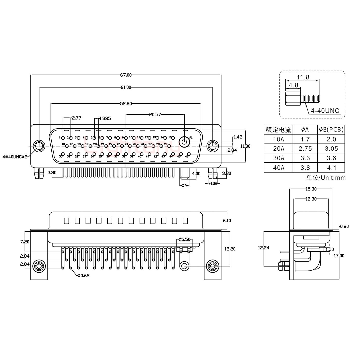 47W1公PCB弯插板/铆支架12.2/大电流30A