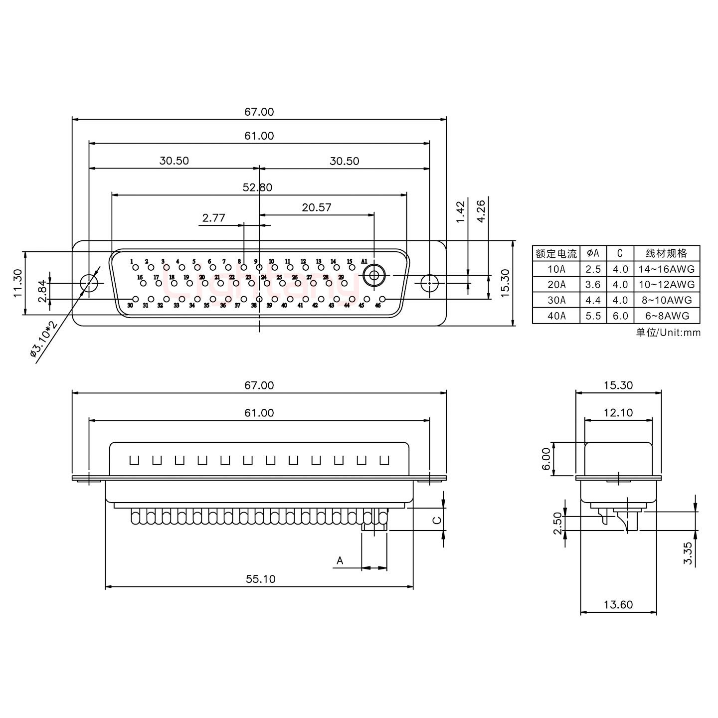 47W1公短体焊线20A+50P金属外壳1746斜出线4~12mm