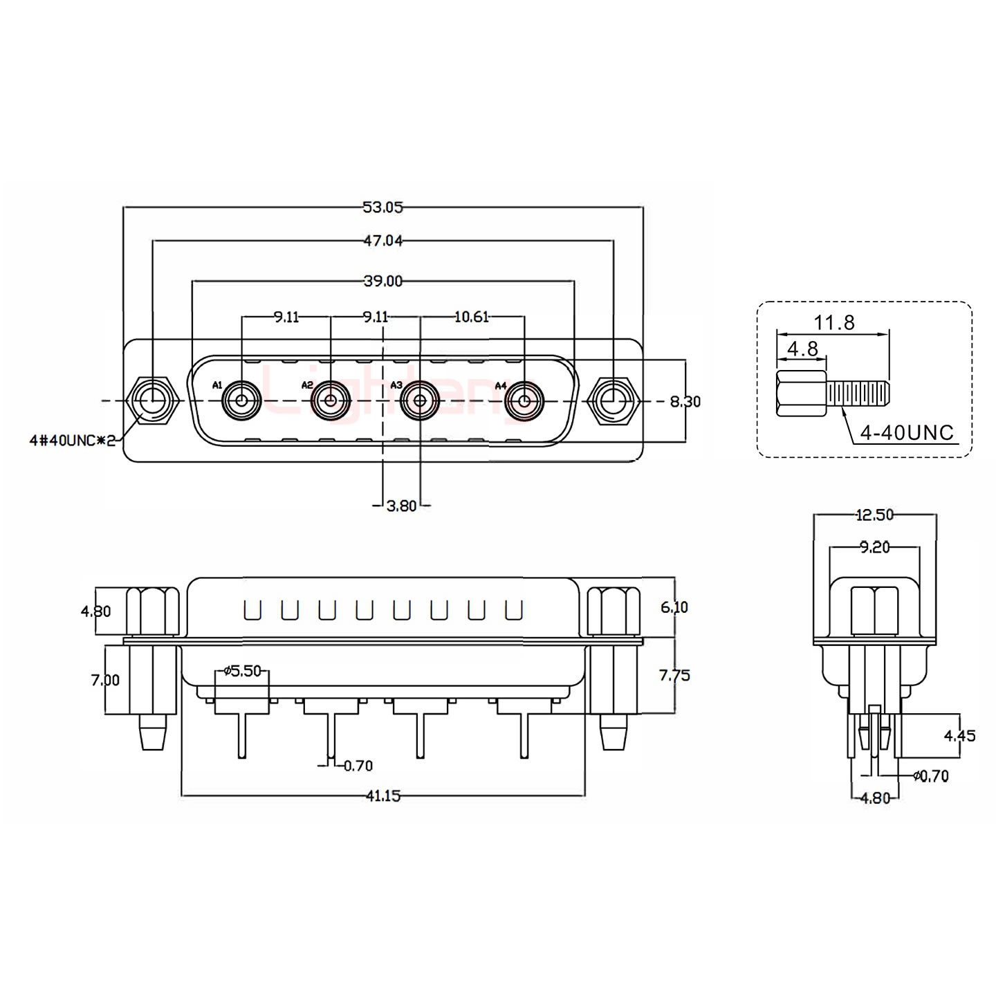 4W4公PCB直插板/铆鱼叉7.0/射频同轴50欧姆