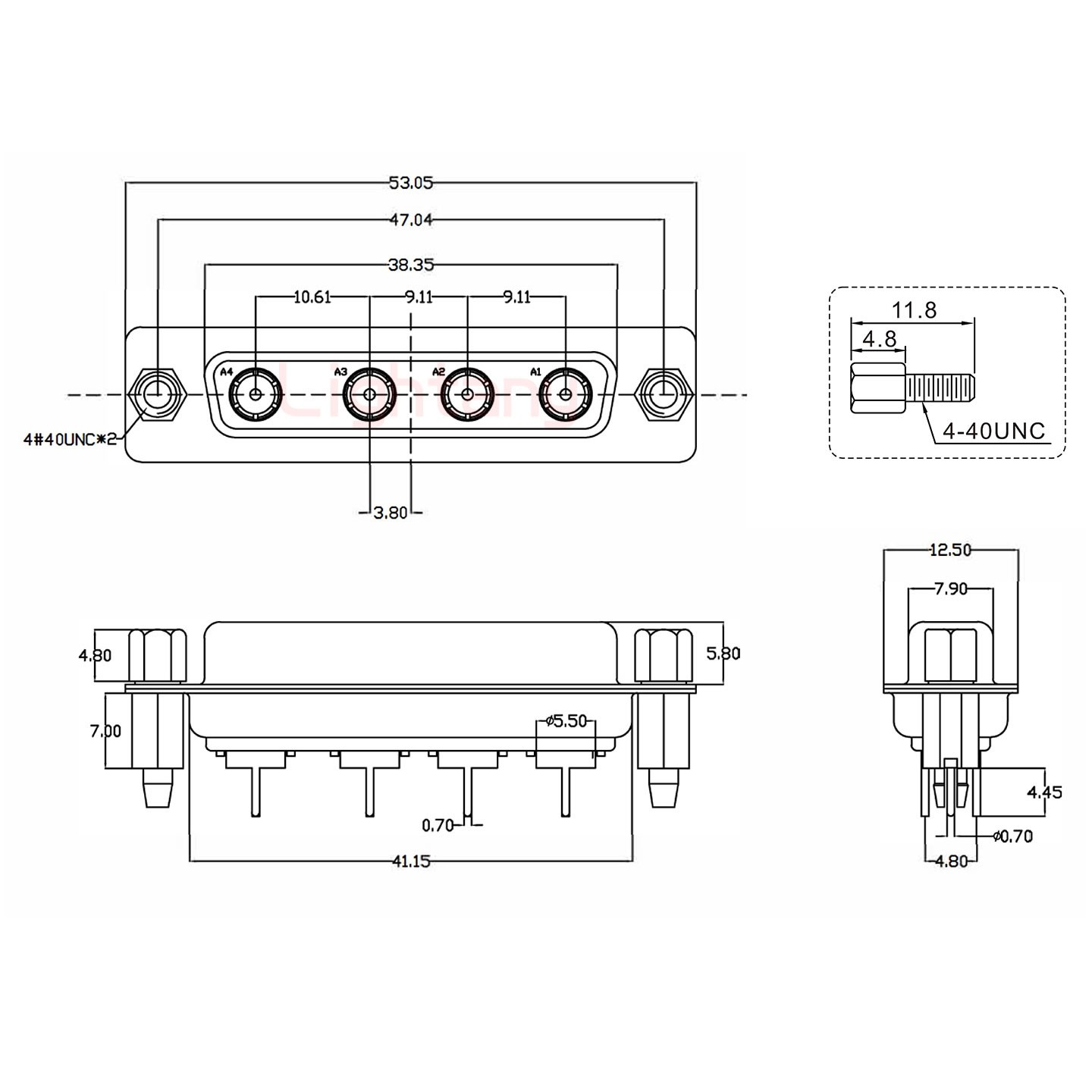 4W4母PCB直插板/铆鱼叉7.0/射频同轴50欧姆