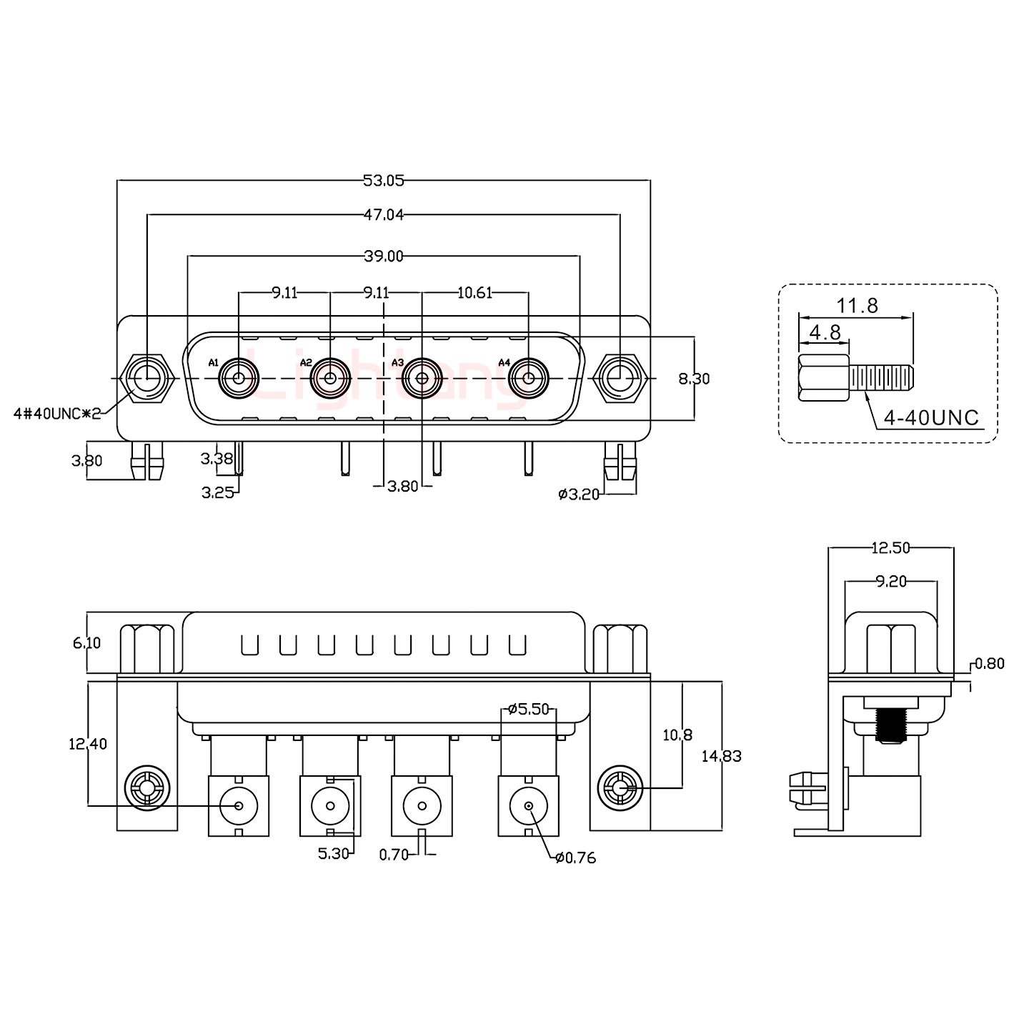 4W4公PCB弯插板/铆支架10.8/射频同轴50欧姆