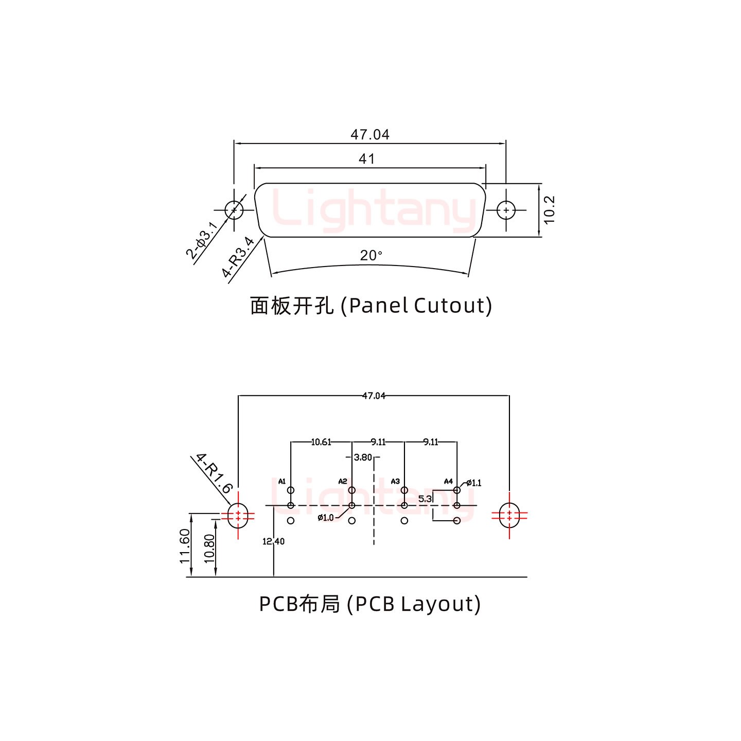 4W4母PCB弯插板/铆支架10.8/射频同轴75欧姆