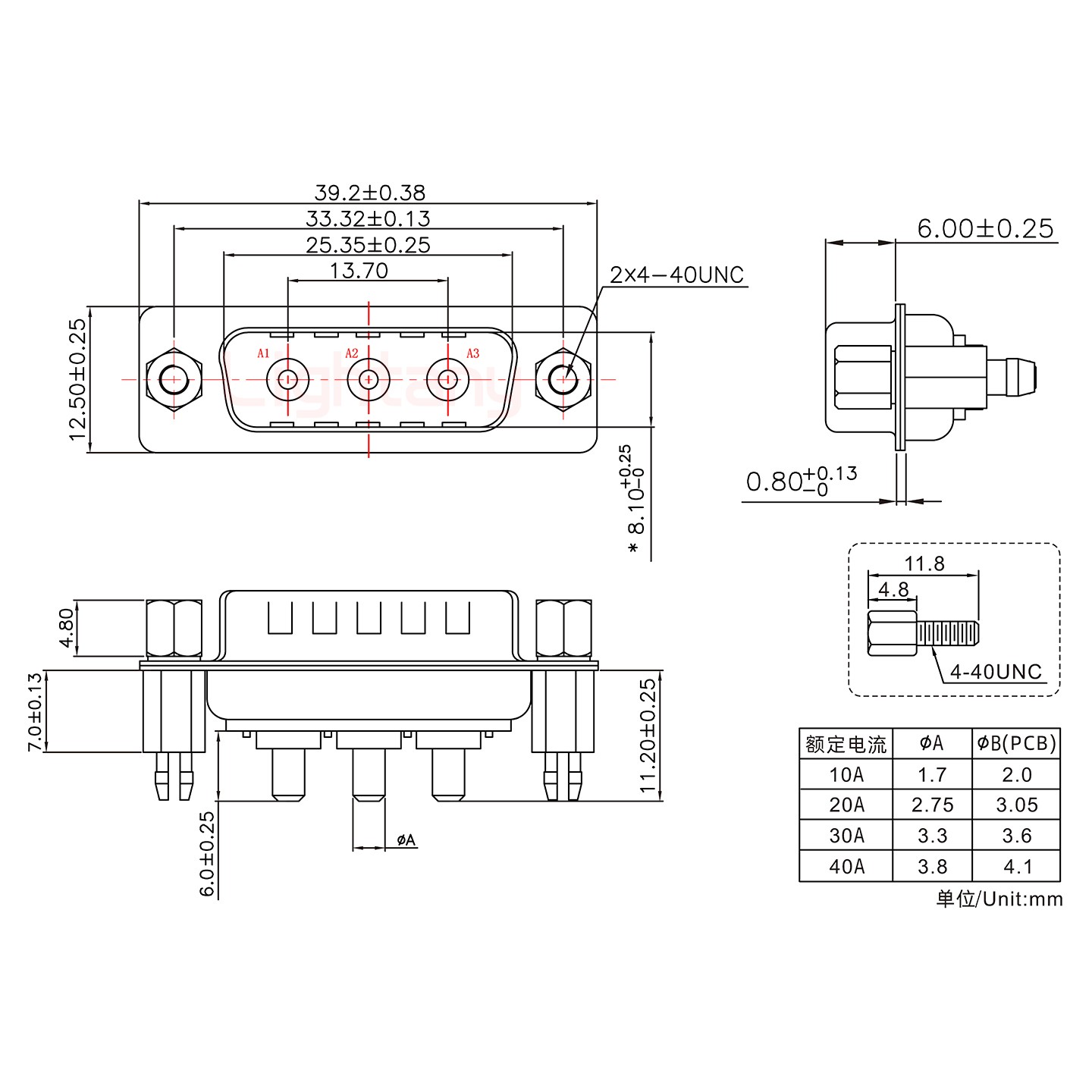 3W3公PCB直插板/铆鱼叉7.0/大电流20A