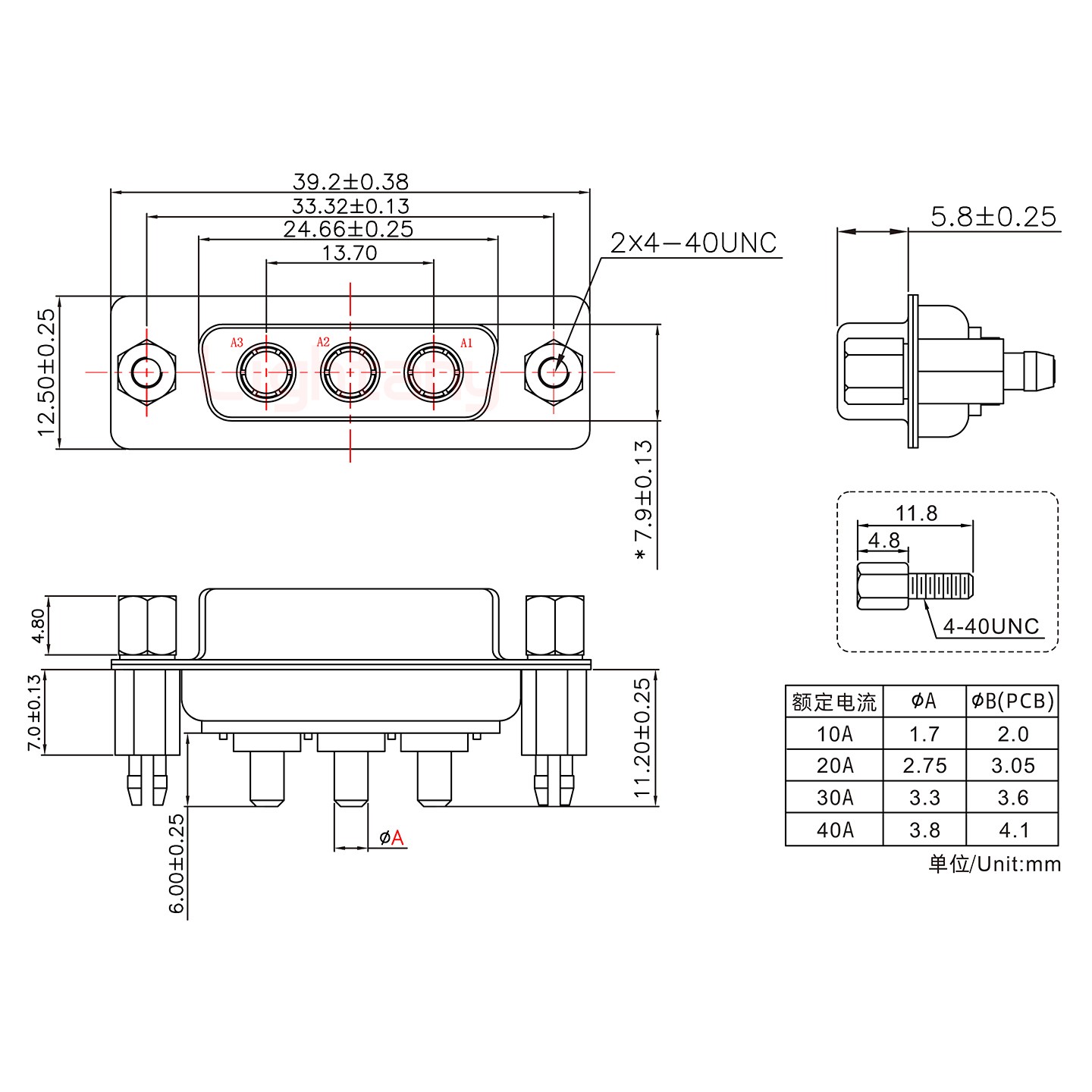 3W3母PCB直插板/铆鱼叉7.0/大电流20A