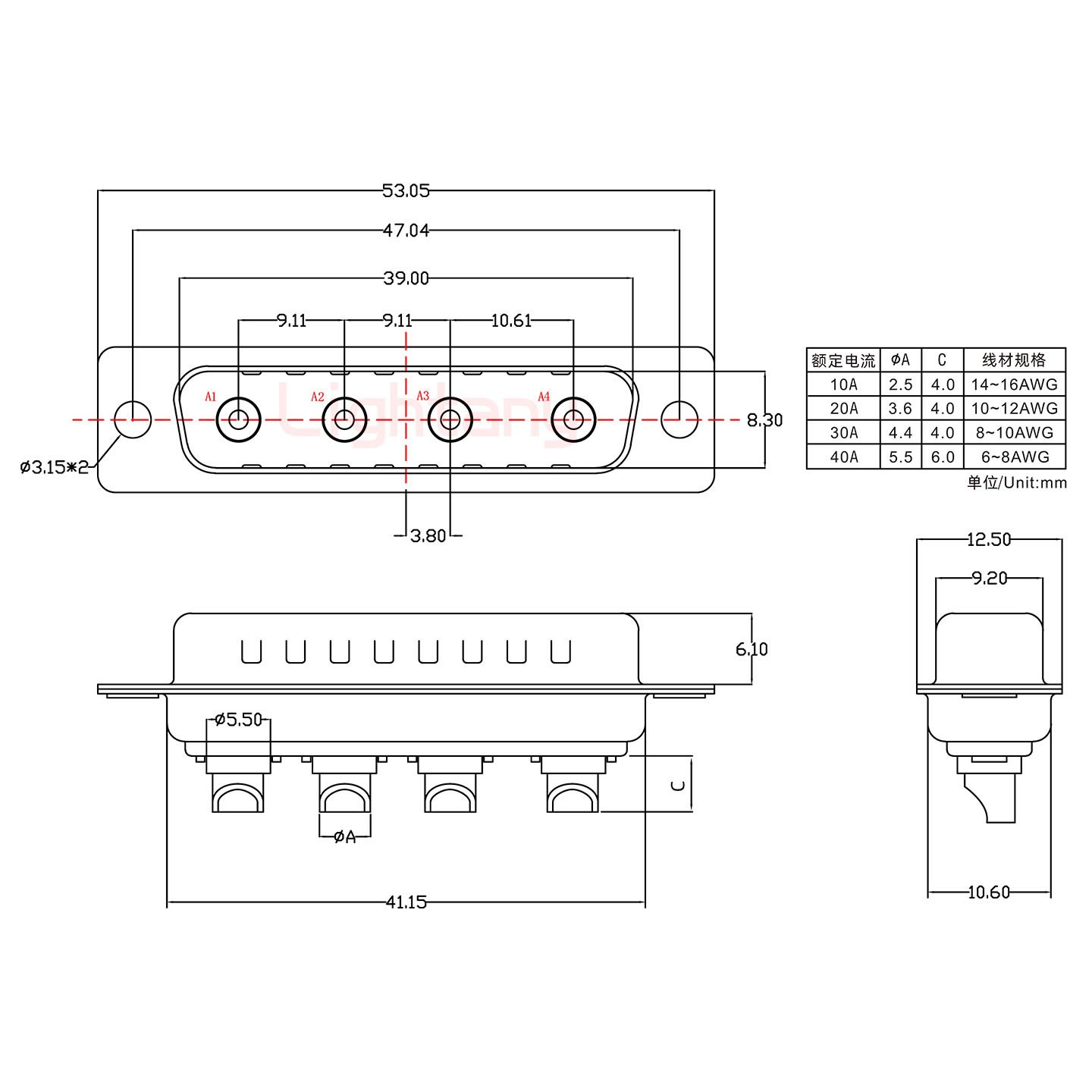 4W4公短体焊线40A+25P金属外壳1015弯出线4~12mm