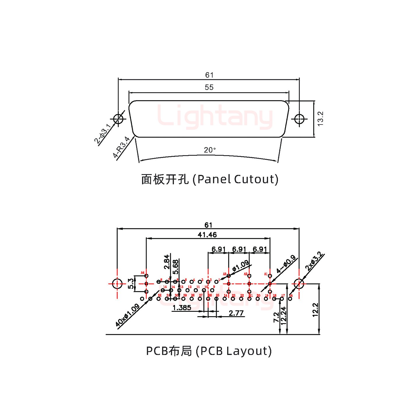 36W4母PCB弯插板/铆支架12.2/射频同轴75欧姆